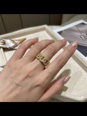 Iced Out Cuban Link 14K Yelkow Gold Over Stainless Steel Pave' Stone Ring Size 8